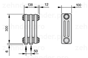 Схема (чертеж) Радиатор Zehnder Charleston 3030/3 №3470 Белый глянцевый RAL 9016